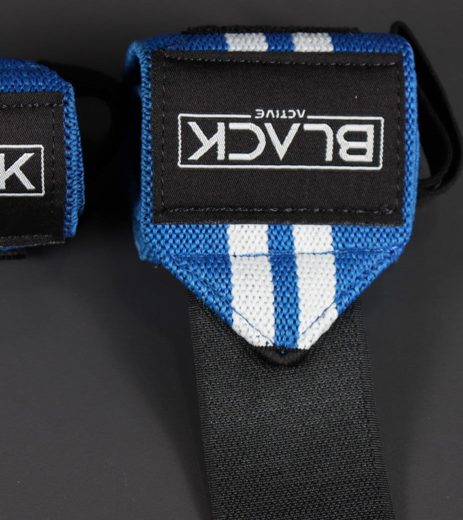 BLACK ACTIVE ARMOUR DOUBLE PRONG BELT + BLUE STRIPE WRIST WRAPS
